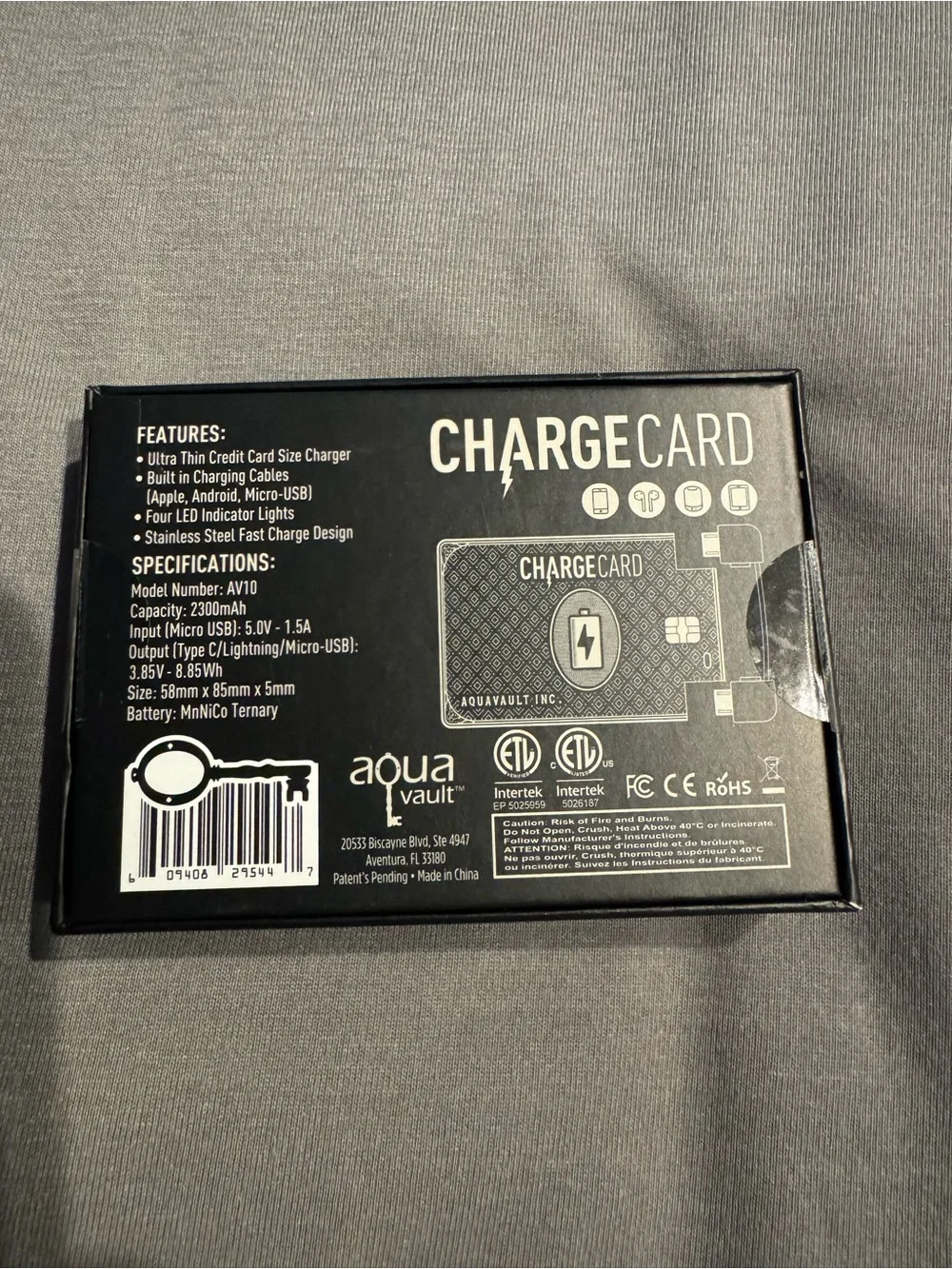 Aquavault Charge Card Portable USB Charger - Black and Silver